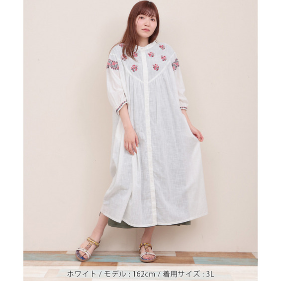 コットンスラブ フラワーエンブロイダリー ワンピース(大きいサイズ)【アリノマ/Alinoma】 コットンスラブ フラワーエンブロイダリー ワンピース(大きいサイズ)【アリノマ/Alinoma】