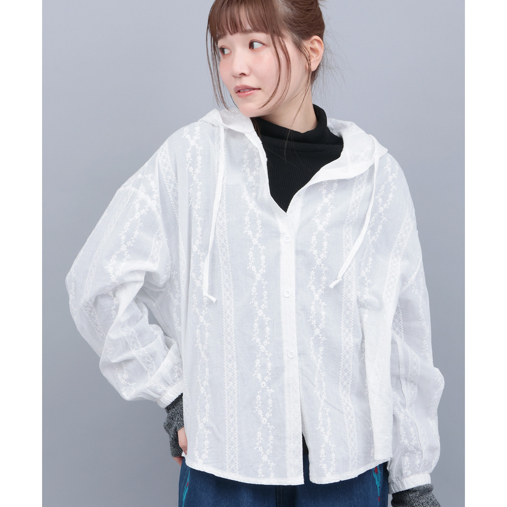 フード付きコットンレースシャツ