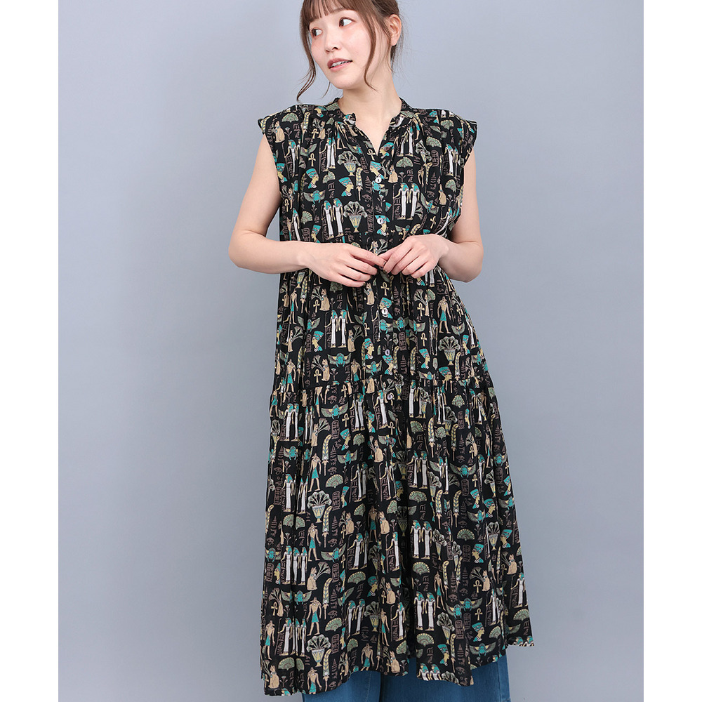 コットンボイルエジプト総柄ワンピース1