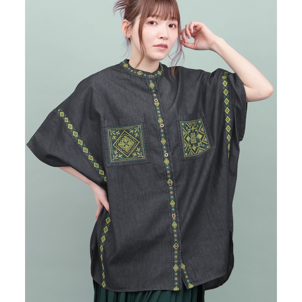 Rico ライトデニムメヒコタイル刺繍シャツ