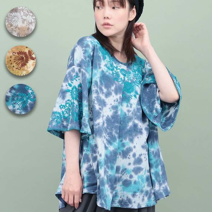 ムラ染フロール刺繍チュニックTシャツ