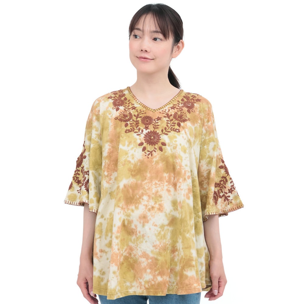 ムラ染フロール刺繍チュニックTシャツ11