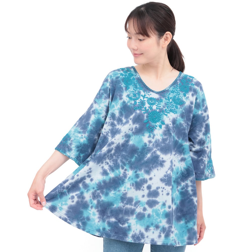 ムラ染フロール刺繍チュニックTシャツ12
