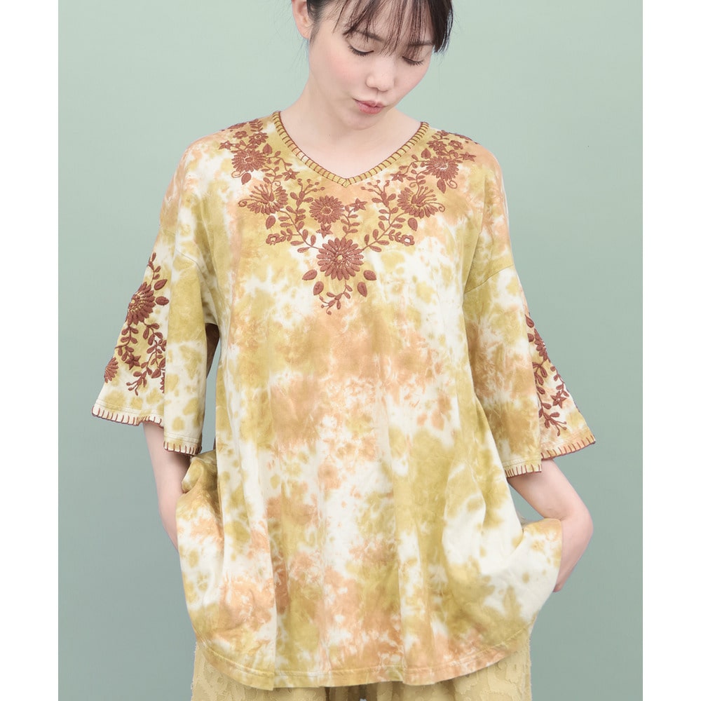 ムラ染フロール刺繍チュニックTシャツ5