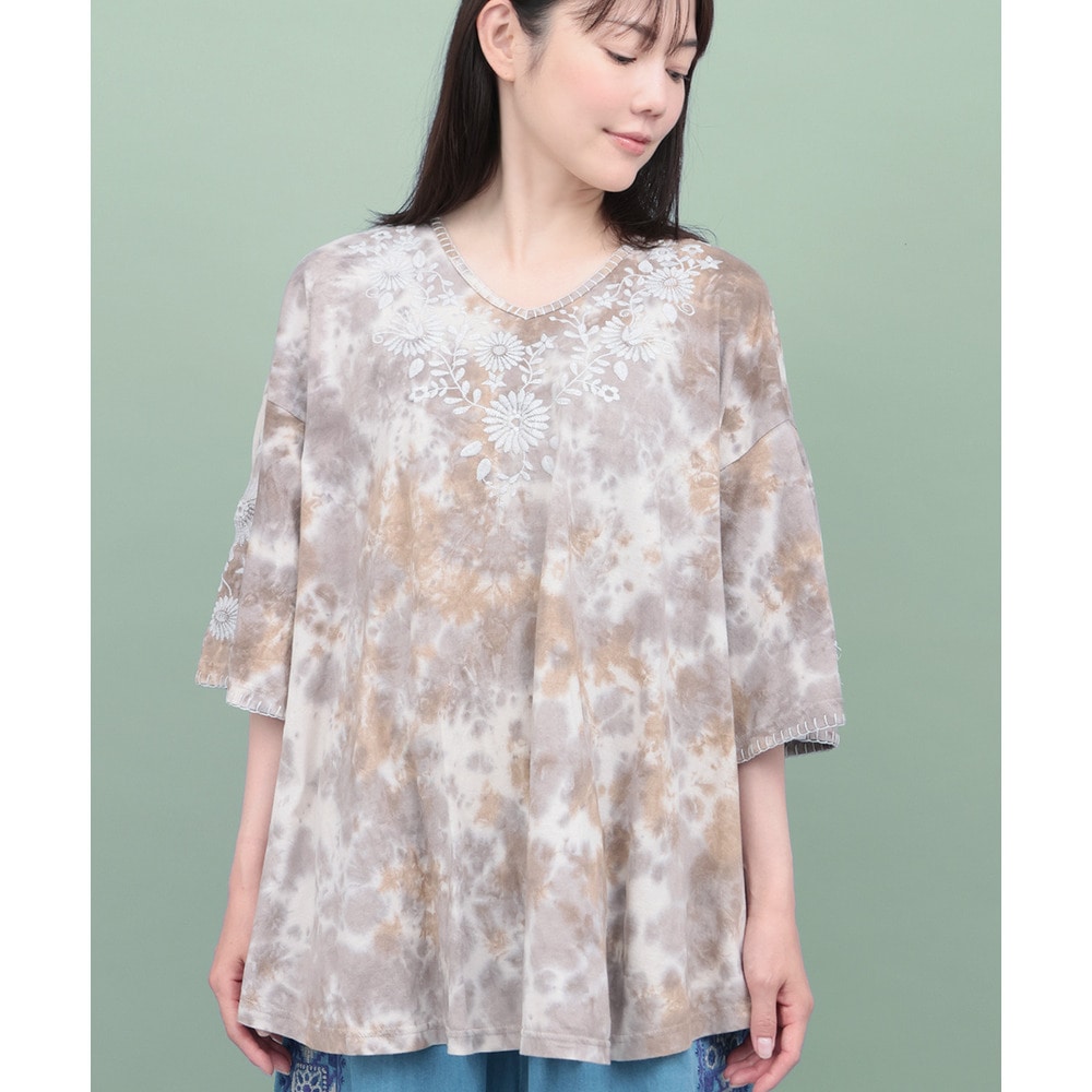 ムラ染フロール刺繍チュニックTシャツ1