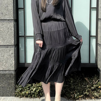 割繊シャンブレーティアードロングスカート 大きいサイズ セピア