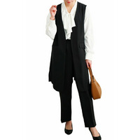 大きいサイズ レディース ロングベスト&ボウタイブラウス&テーパードパンツスーツ3点セット