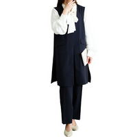 大きいサイズ レディース ロングベスト＆ボウタイブラウス＆テーパードパンツスーツ3点セット