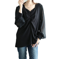 大きいサイズ レディース 袖シフォン胸元ギャザープルオーバー