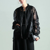 大きいサイズ レディース 花柄レース異素材切り替えMA-1ブルゾン