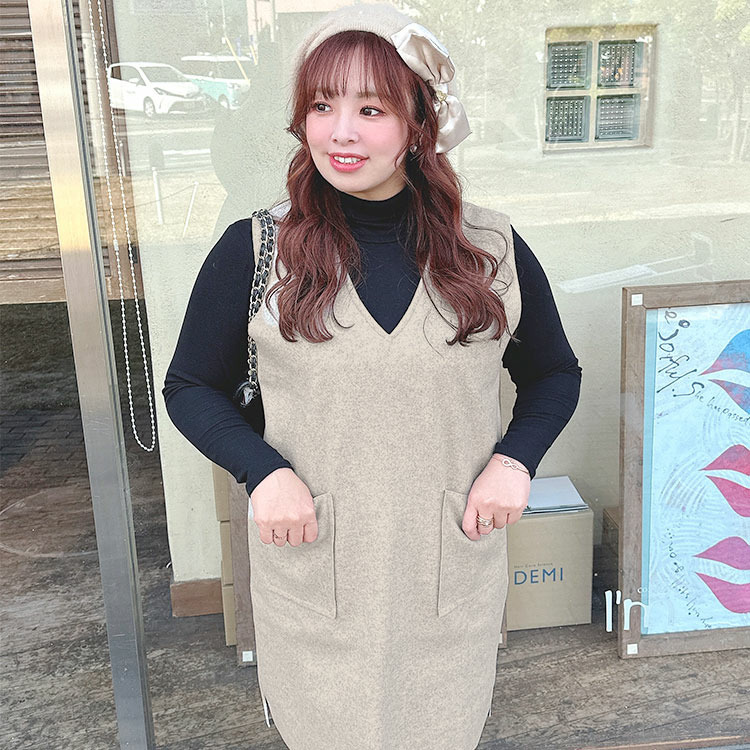大きいサイズ レディース タートルネックトップス&ジャンパースカートセット6