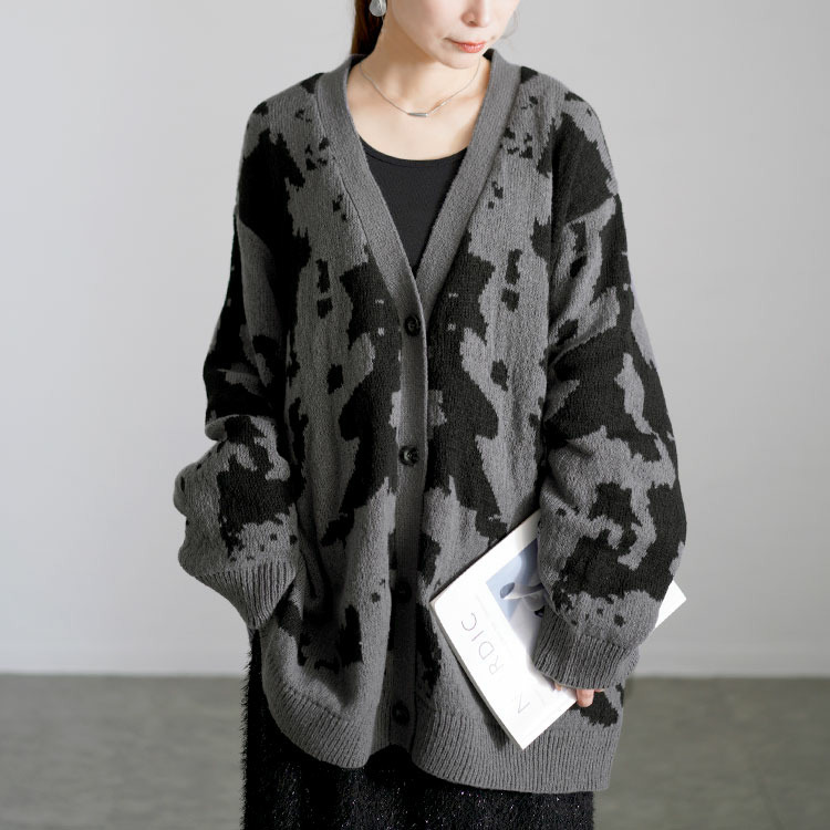 大きいサイズ レディース 迷彩柄ジャガードニットカーディガン13