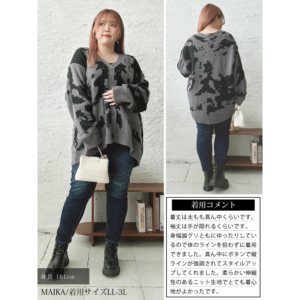 大きいサイズ レディース 迷彩柄ジャガードニットカーディガン15