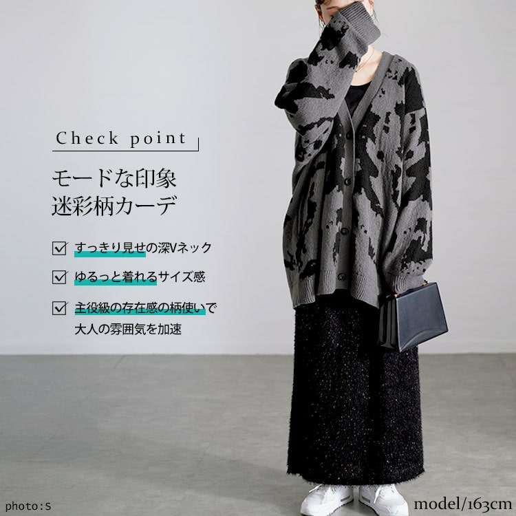 大きいサイズ レディース 迷彩柄ジャガードニットカーディガン2