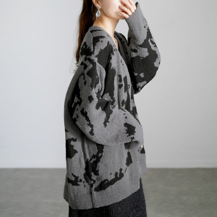 大きいサイズ レディース 迷彩柄ジャガードニットカーディガン5