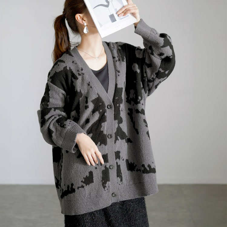 大きいサイズ レディース 迷彩柄ジャガードニットカーディガン8