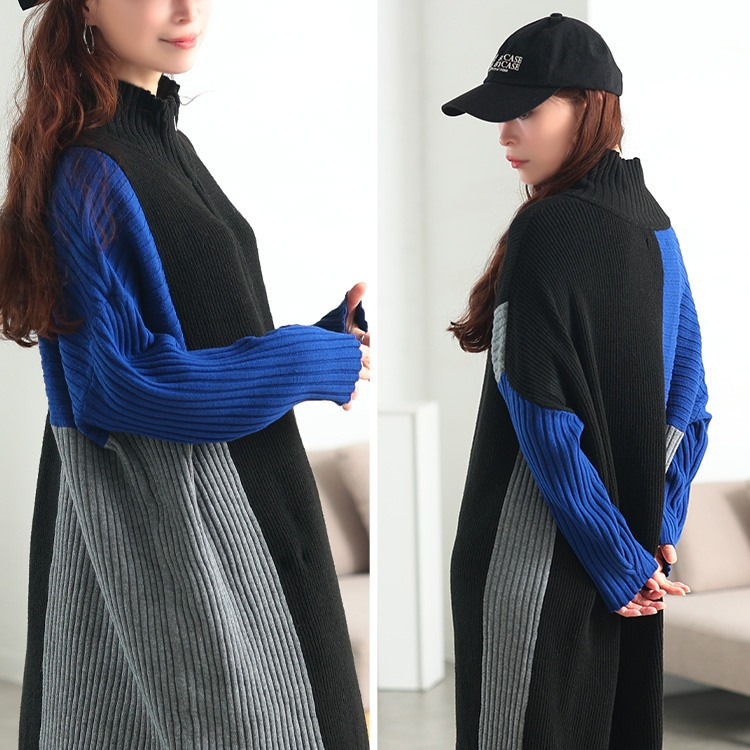 大きいサイズ レディース ハーフZIP配色切り替えニットワンピース11