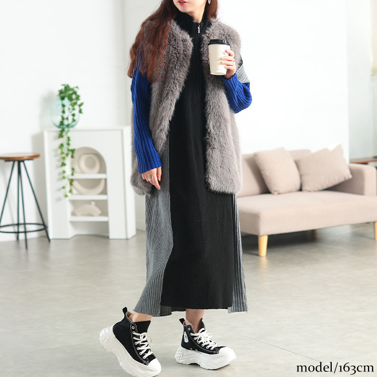 大きいサイズ レディース ハーフZIP配色切り替えニットワンピース13