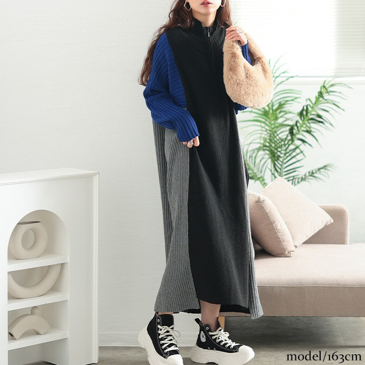 大きいサイズ レディース ハーフZIP配色切り替えニットワンピース7