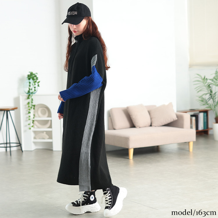 大きいサイズ レディース ハーフZIP配色切り替えニットワンピース8