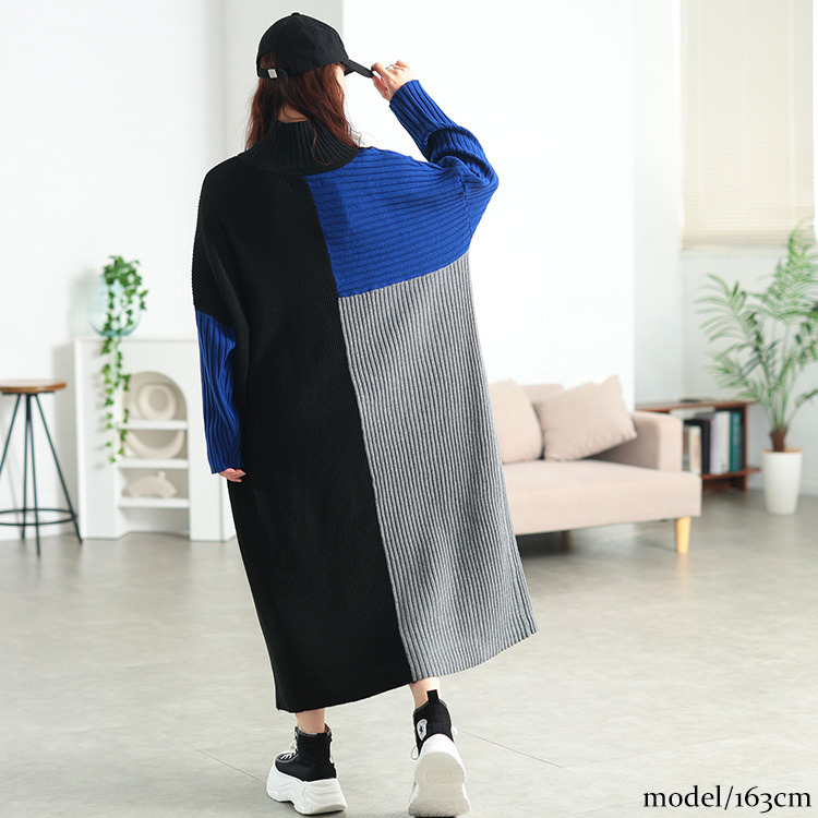 大きいサイズ レディース ハーフZIP配色切り替えニットワンピース9