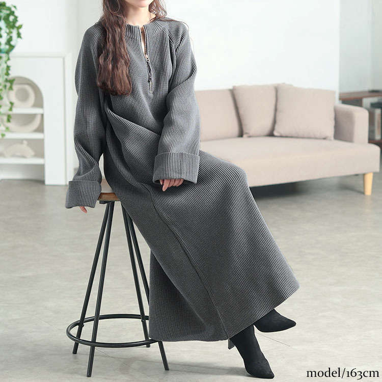 大きいサイズ レディース ハーフZIP畦編みニットワンピース10