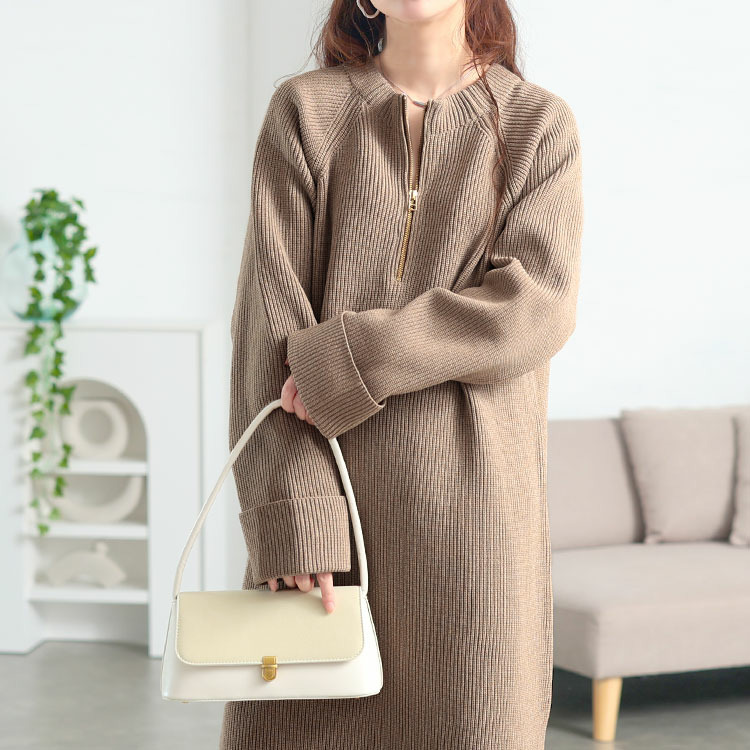 大きいサイズ レディース ハーフZIP畦編みニットワンピース1