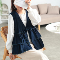 大きいサイズ レディース コットンデニムリボンティアードベスト