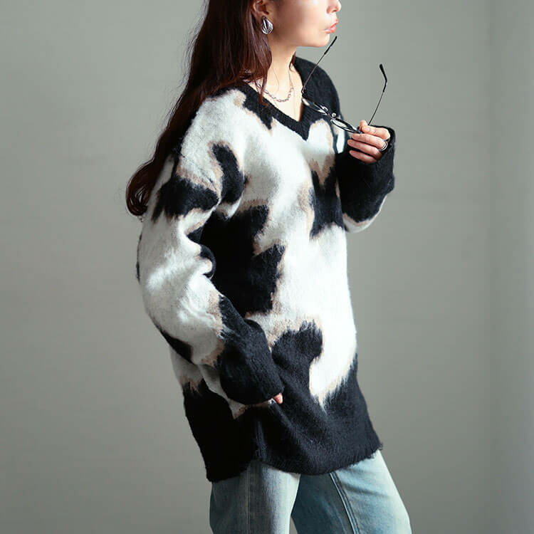 大きいサイズ レディース マーブル柄Vネックモヘアニットチュニック10