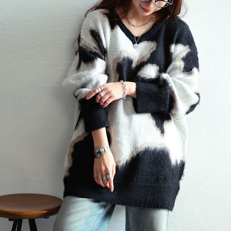 大きいサイズ レディース マーブル柄Vネックモヘアニットチュニック13