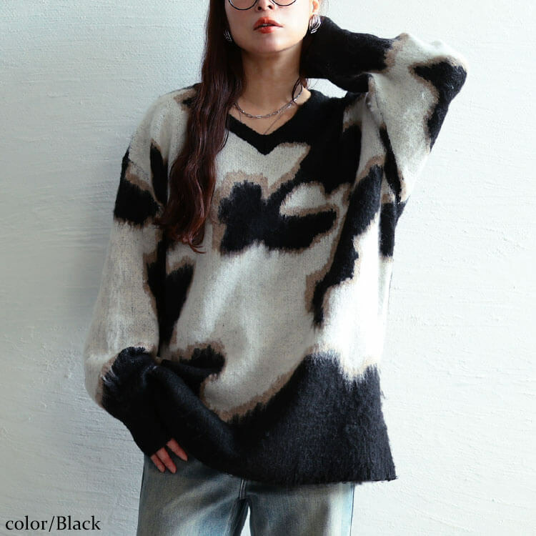 大きいサイズ レディース マーブル柄Vネックモヘアニットチュニック6