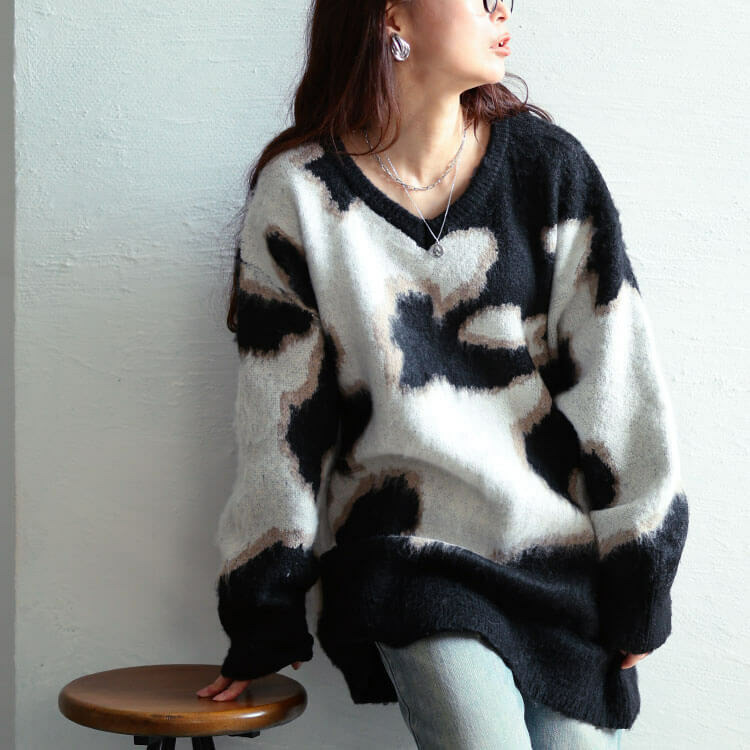 大きいサイズ レディース マーブル柄Vネックモヘアニットチュニック9