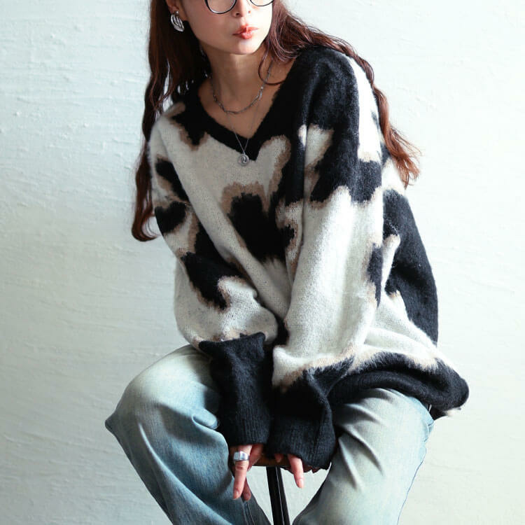 大きいサイズ レディース マーブル柄Vネックモヘアニットチュニック1