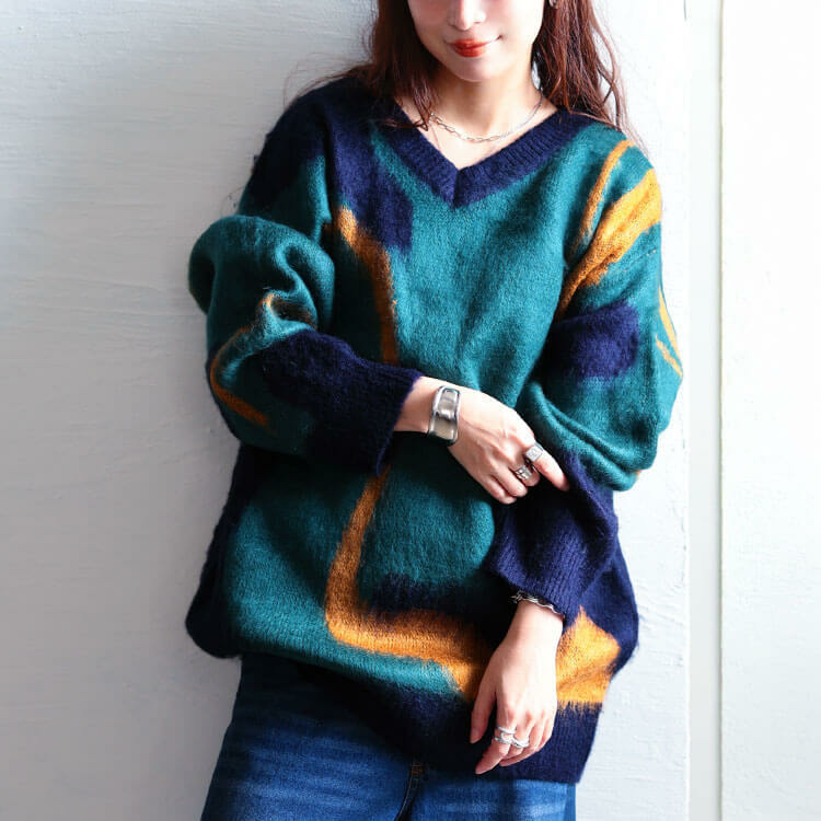 大きいサイズ レディース ウェーブ柄Vネックニットチュニック10