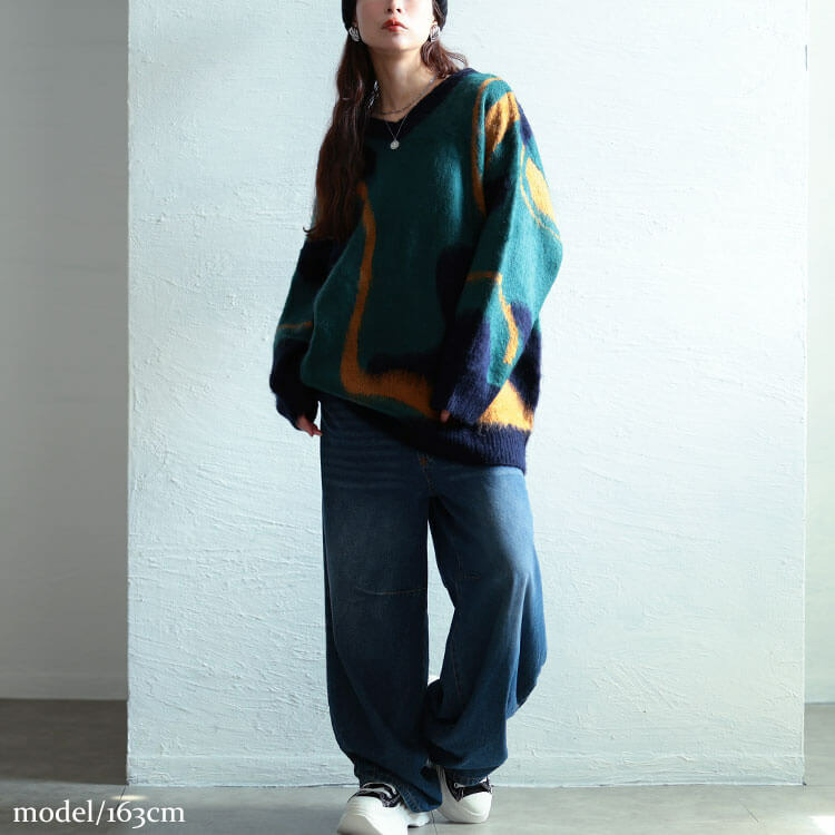 大きいサイズ レディース ウェーブ柄Vネックニットチュニック13