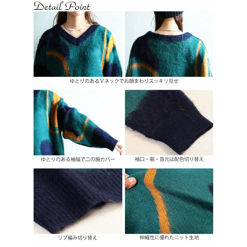 大きいサイズ レディース ウェーブ柄Vネックニットチュニック14