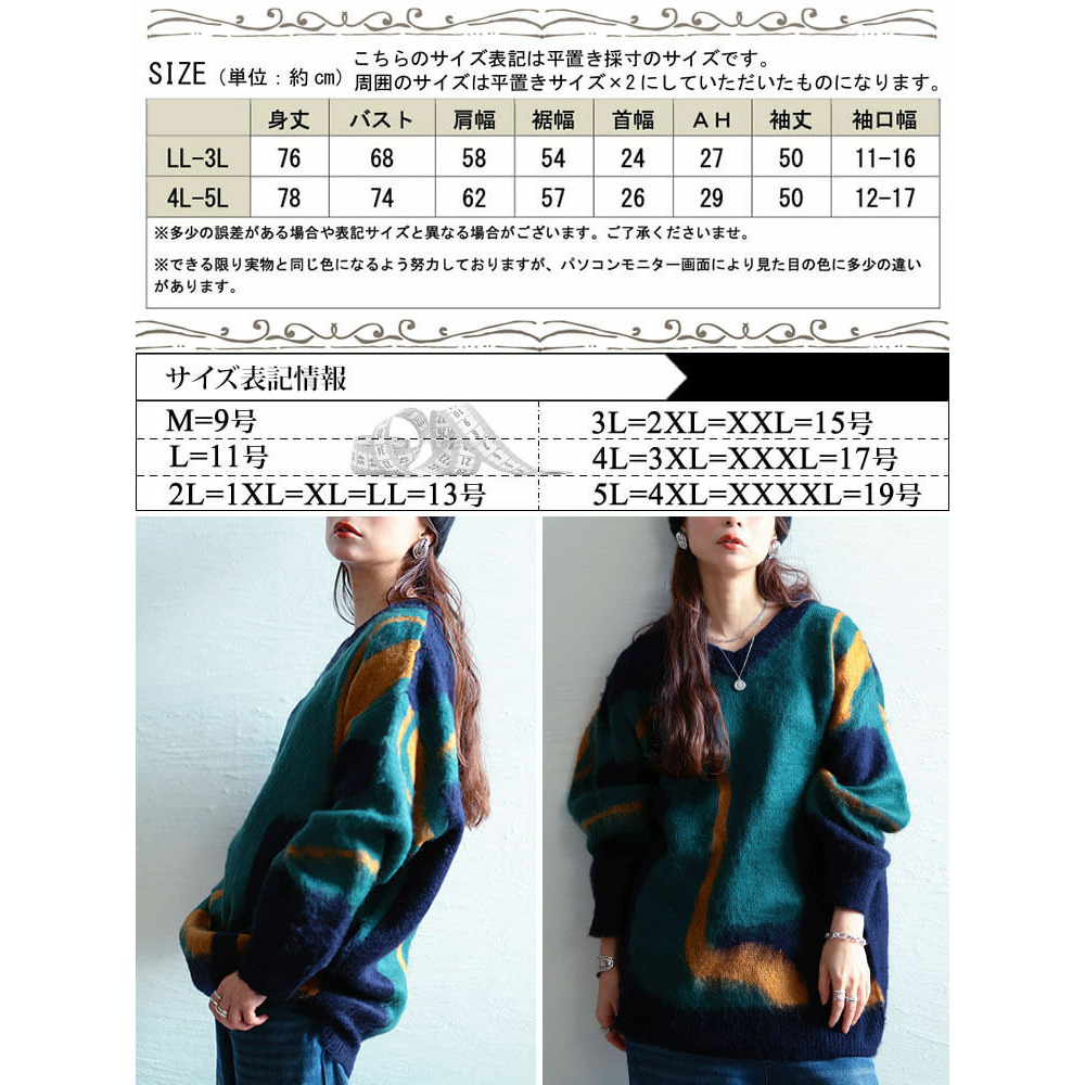 大きいサイズ レディース ウェーブ柄Vネックニットチュニック17