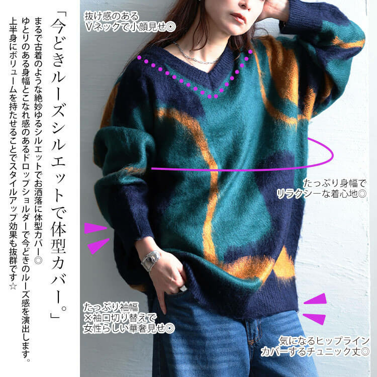 大きいサイズ レディース ウェーブ柄Vネックニットチュニック3