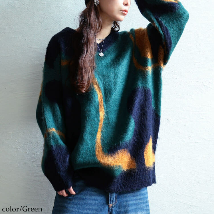 大きいサイズ レディース ウェーブ柄Vネックニットチュニック6