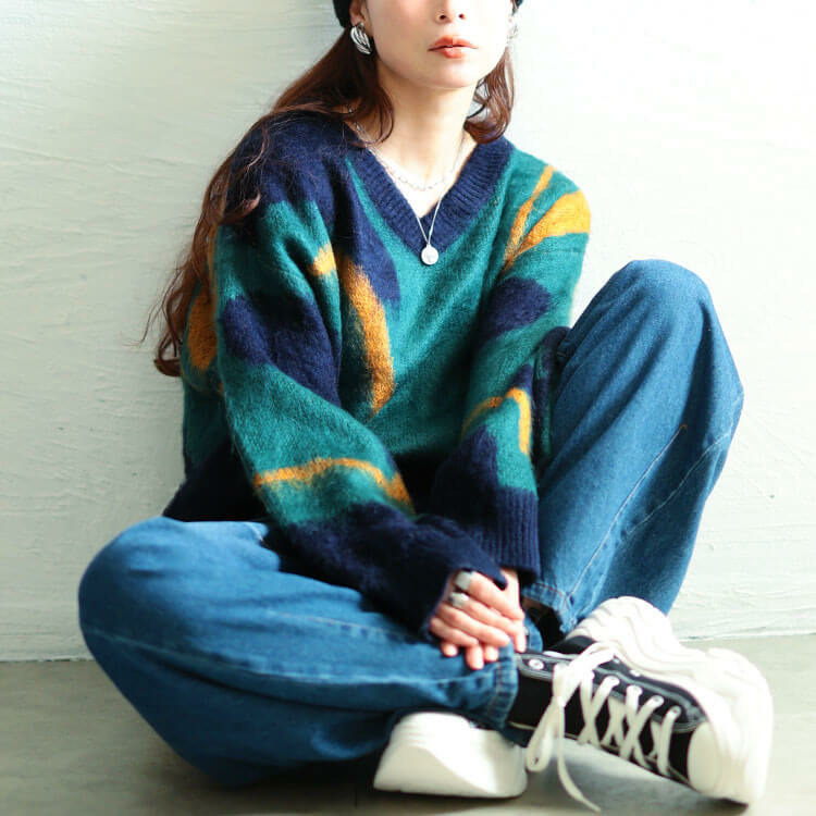 大きいサイズ レディース ウェーブ柄Vネックニットチュニック9