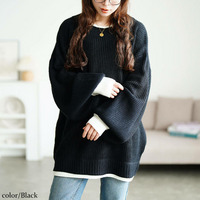 大きいサイズ レディース 配色切り替え畦編みニットチュニック