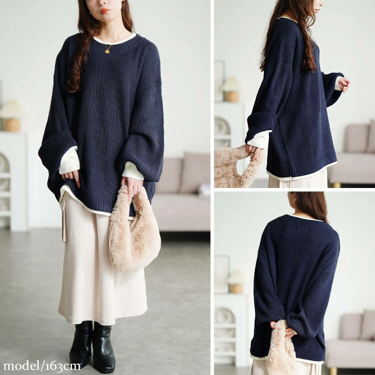 大きいサイズ レディース 配色切り替え畦編みニットチュニック11