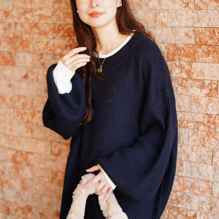 大きいサイズ レディース 配色切り替え畦編みニットチュニック12