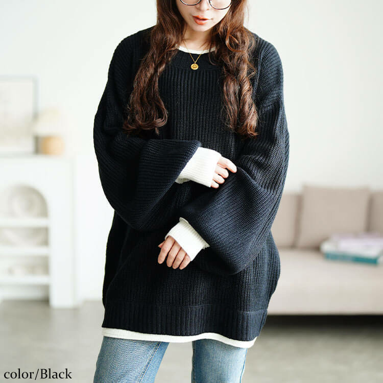 大きいサイズ レディース 配色切り替え畦編みニットチュニック5