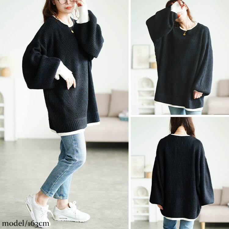 大きいサイズ レディース 配色切り替え畦編みニットチュニック6