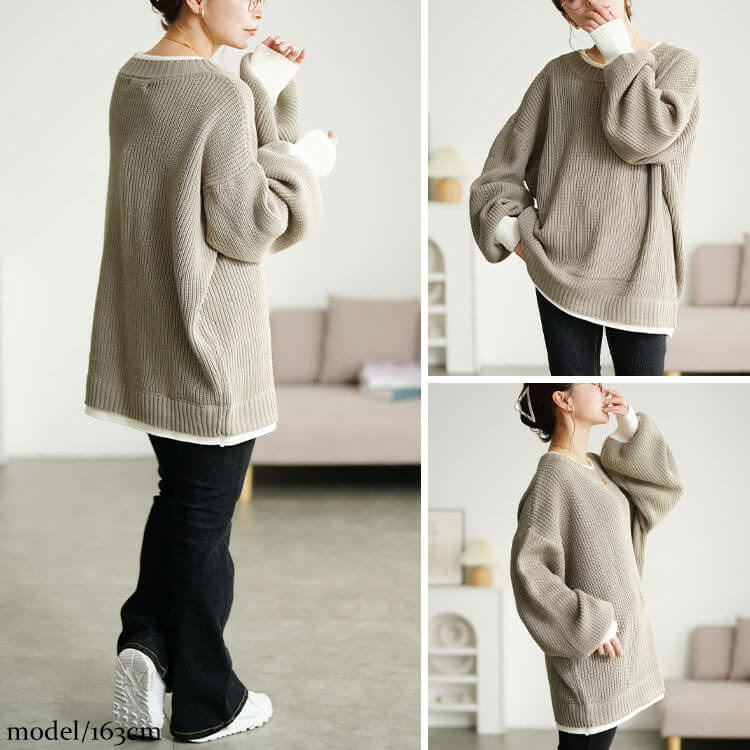 大きいサイズ レディース 配色切り替え畦編みニットチュニック8