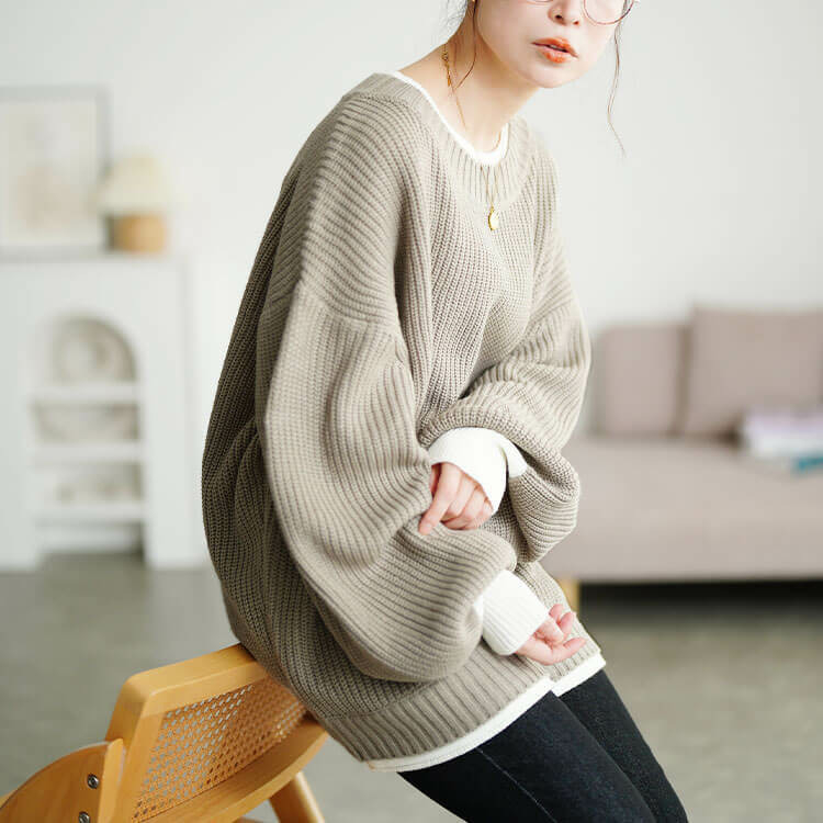 大きいサイズ レディース 配色切り替え畦編みニットチュニック9