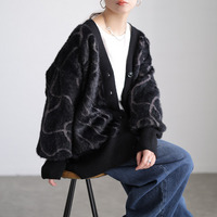 大きいサイズ レディース ライン柄シャギーニットカーディガン