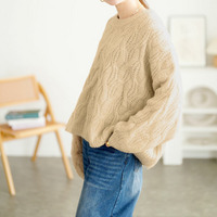 大きいサイズ レディース ケーブル編みクロップドワイドニット