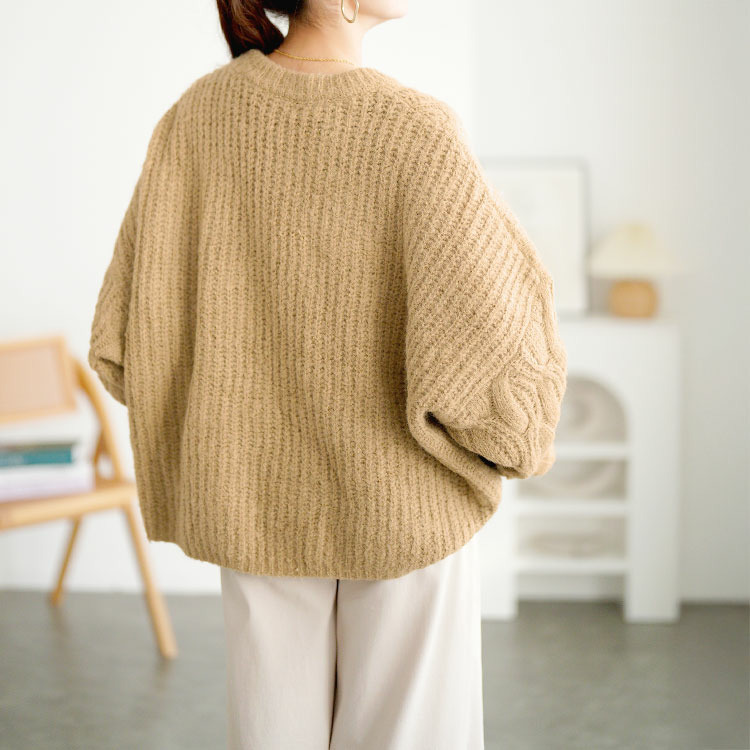 大きいサイズ レディース ケーブル編みクロップドワイドニット10